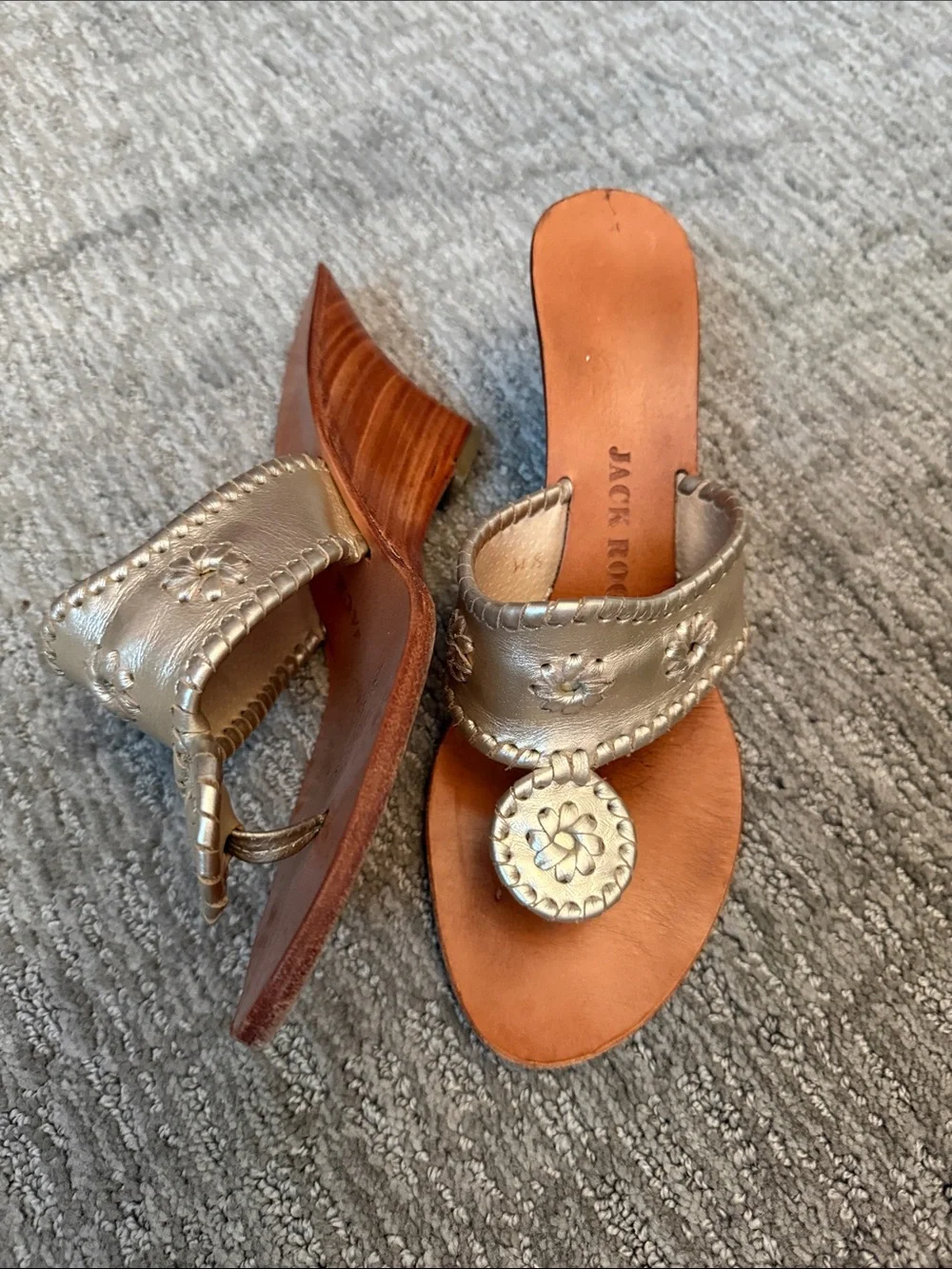 Jack Rogers Gold Leather Medallion Wedge Sandals